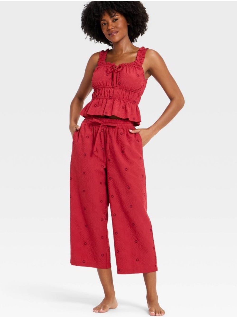 Auden Set Seersucker Ruffle Tie Front Top Red Cropped Wide-Leg Pants with Pocket